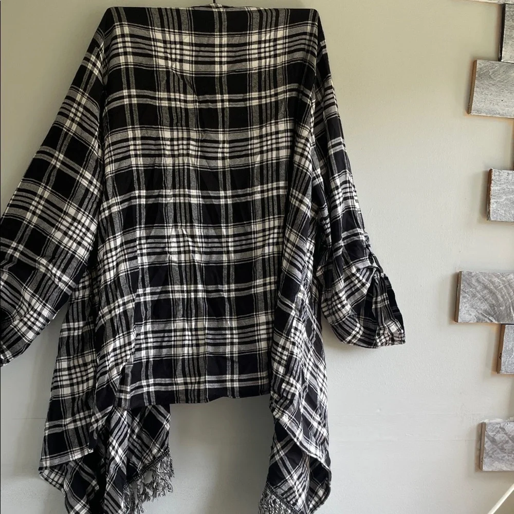 Torrid Black and White Plaid Fringe Poncho